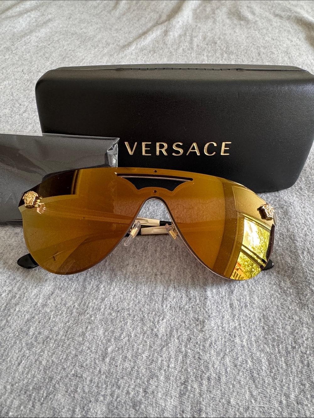 Versace Gold Brown Shield Sunglasses with Medusa Accent